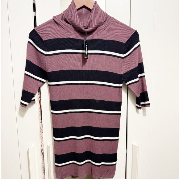 Express Women’s Large Ribbed Striped Turtle Neck Short Sleeve Sweater - Picture 2 of 10